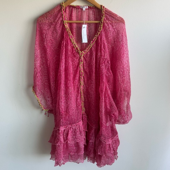 NWT Poupette St Barth Silk Pink Sea Water Poncho Nava Size OS - Picture 2 of 9